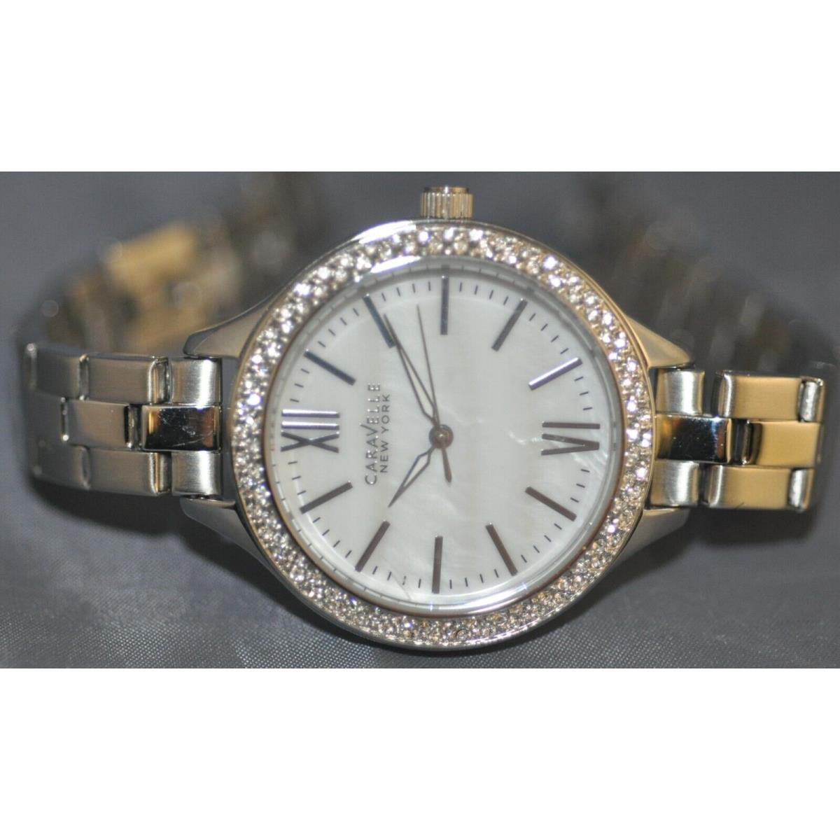 Caravelle York Ladies White Mop Dial Crystal Accent Steel Watch 43L165