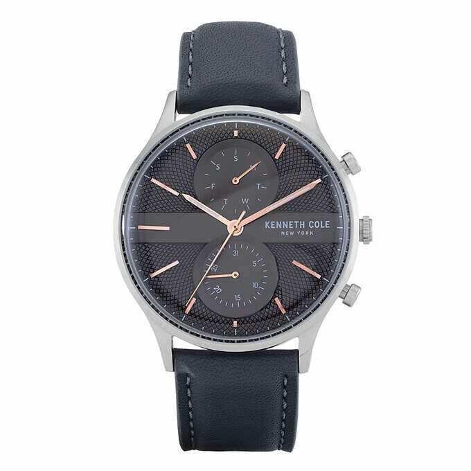 Kenneth Cole York KC51152001 Multifunction Grey Leather Strap Men`s Watch - Dial: Gray, Band: Gray, Bezel: Silver