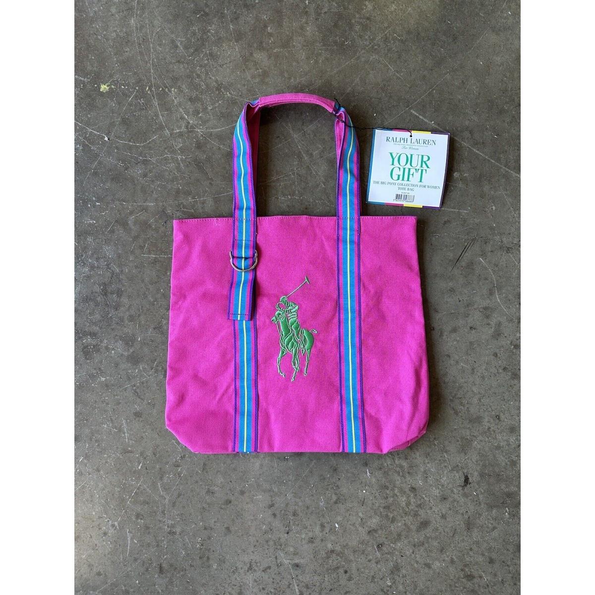 Polo Ralph Lauren Big Pony Logo Pink Canvas Striped Boat Tote Bag - 17 X 15