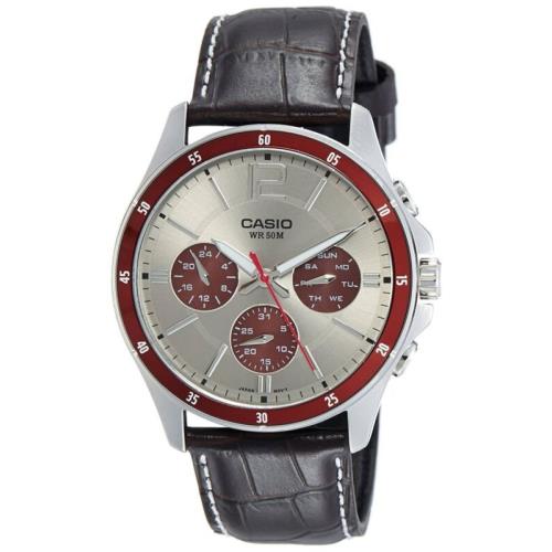 Casio MTP-1374L-7A1 Analog Leather Mens Watch Water MTP-1374L Silver
