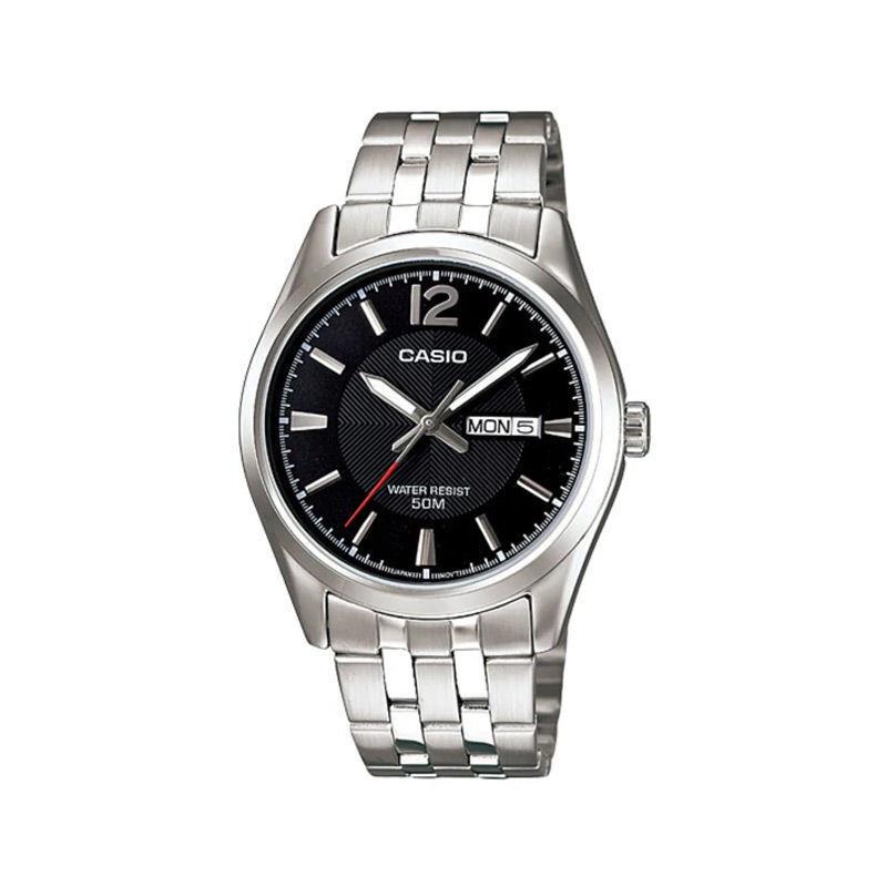 Casio Men`s Stainless Steel Enticer Date Chain Black Dial Watch MTP-1335D-1AVDF - Dial: Black, Band: Silver