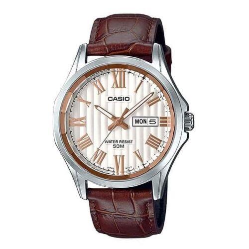 Casio MTP-E131LY-7AVDF Analog White Dial Brown Leather Casual Men`s Watch