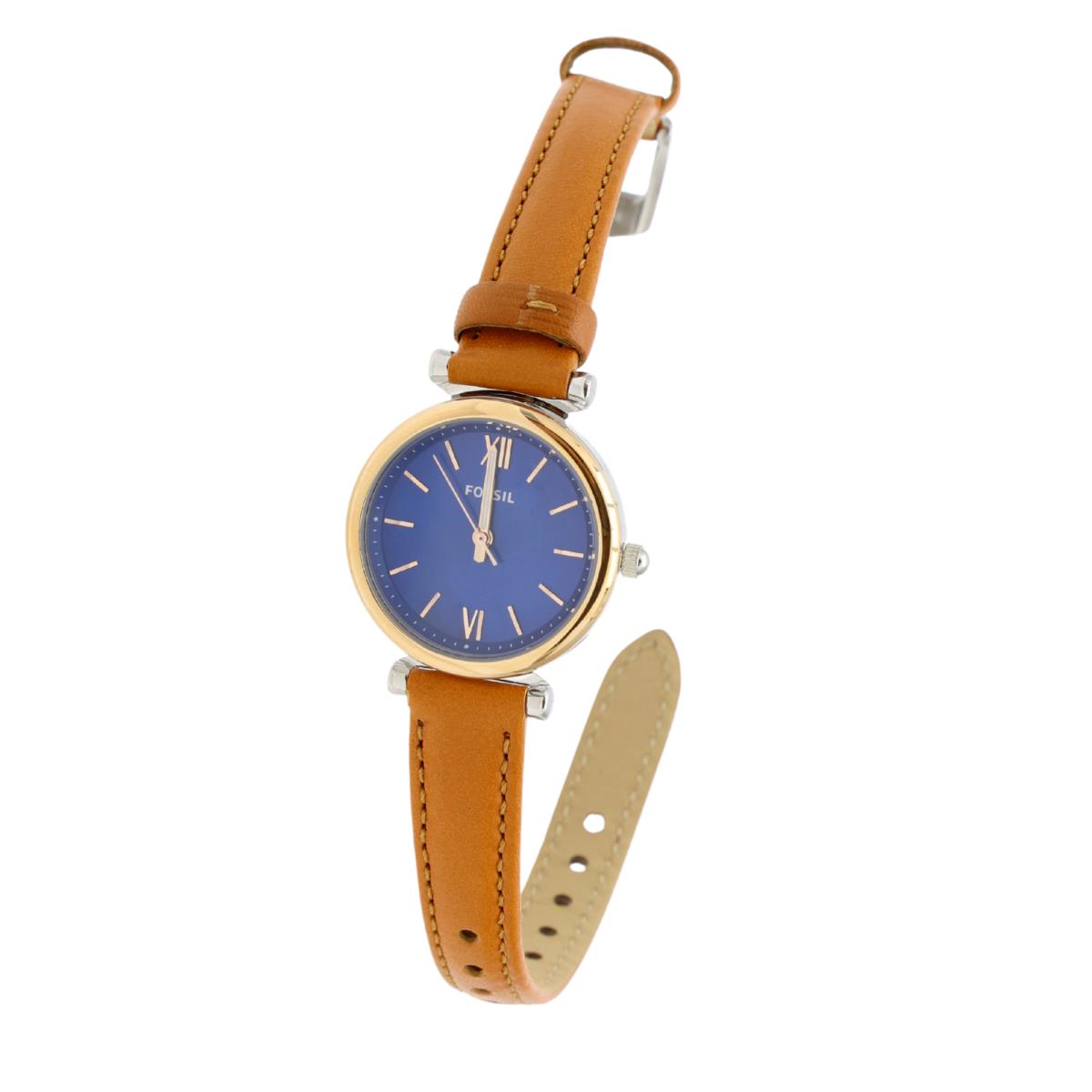 Fossil 1951 Womens Brown/navy Carlie Mini Three-hand Tan Leather Watch 28 mm - Dial: Navy, Band: Brown, Bezel: Rose Gold