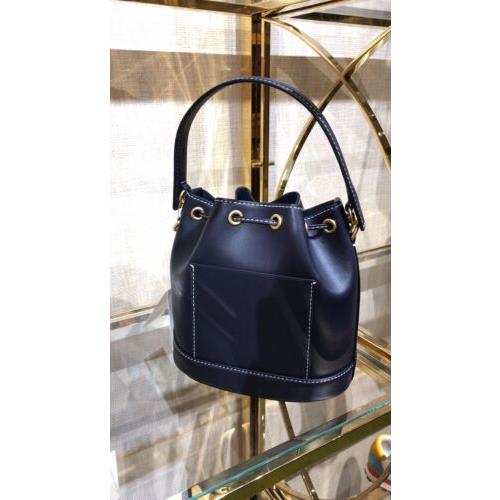 Tory Burch 80504 T Monogram Leather Bucket Bag Midnight Blue Color