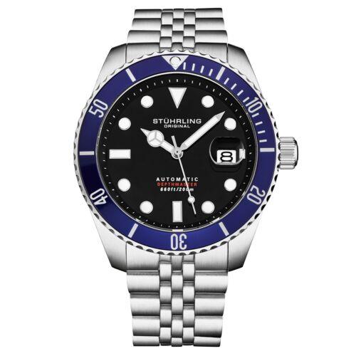 Stuhrling 4045 2 Automatic Depthmaster Date Stainless Steel Blue Mens Watch - Dial: Black, Band: Silver, Bezel: Blue