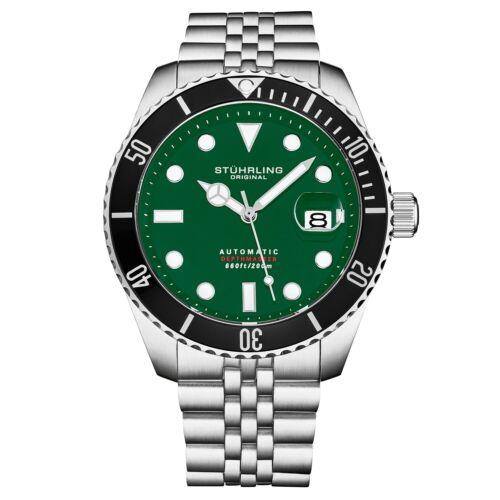 Stuhrling 4045 3 Automatic Depthmaster Date Stainless Steel Green Mens Watch - Dial: Green, Band: Silver, Bezel: Black