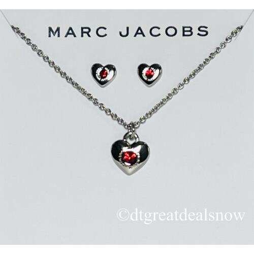 Marc Jacobs Heart Stud Earrings Necklace Red Pendent Set Silver Tone Crystal