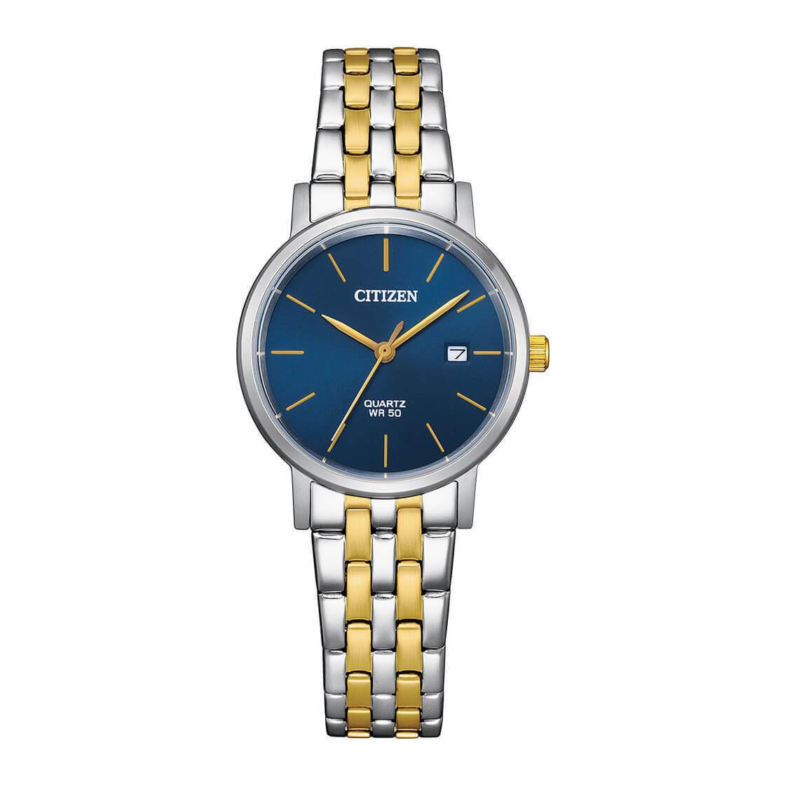 Citizen Quartz Blue Dial Women`s Stainless Steel Two Tone Watch INT-EU6096-58L