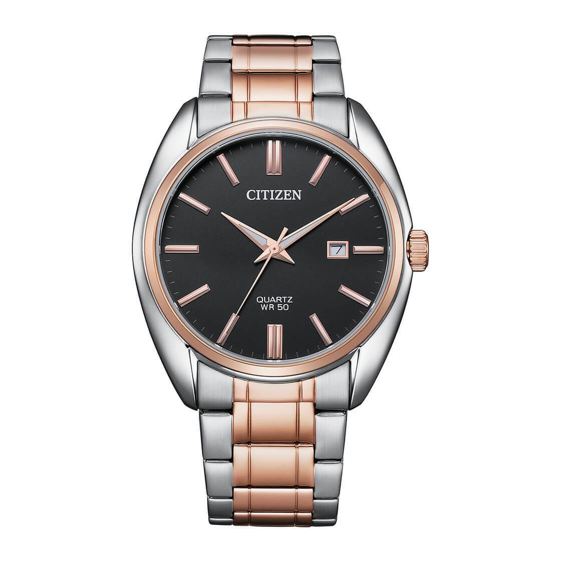 Citizen Black Dial Stainless Steel Two Tone Men`s Quartz Watch INT-BI5104-57E