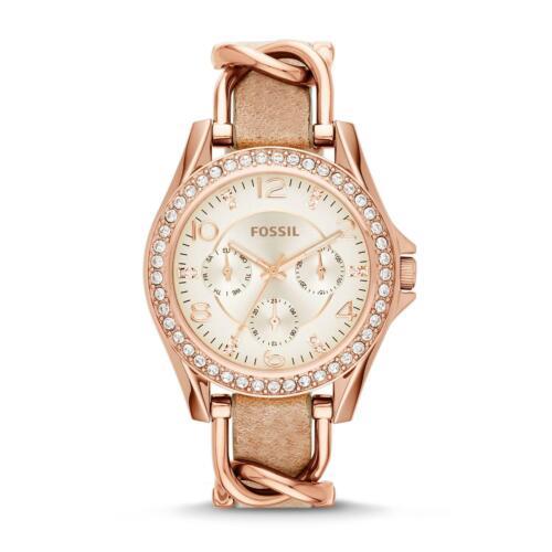Fossil ES3466 Riley Multifunction Rose Gold Tone Dial Beige Leather Strap Womenss Watch