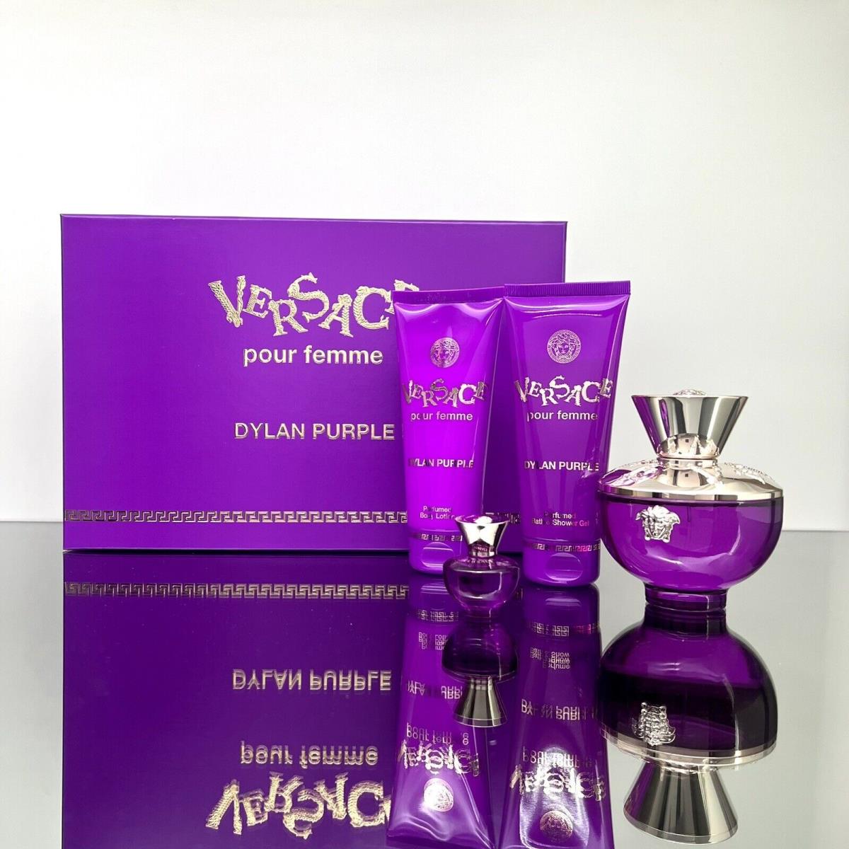 Versace Dylan Purple 4pc Set 3.4oz Edp +Mini+3.4oz Shower Gel+3.4oz Body Lotion