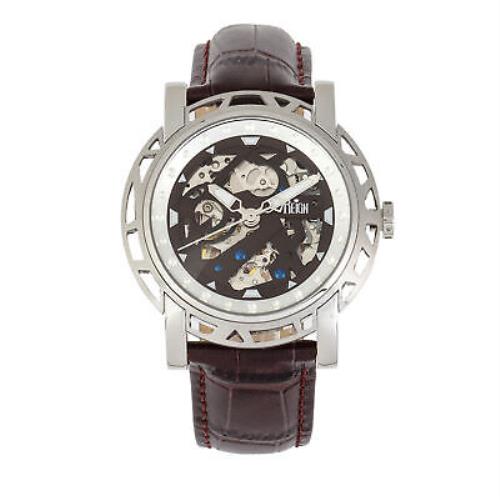 Reign Stavros Automatic Skeleton Leather-band Watch - Silver/dark Brown