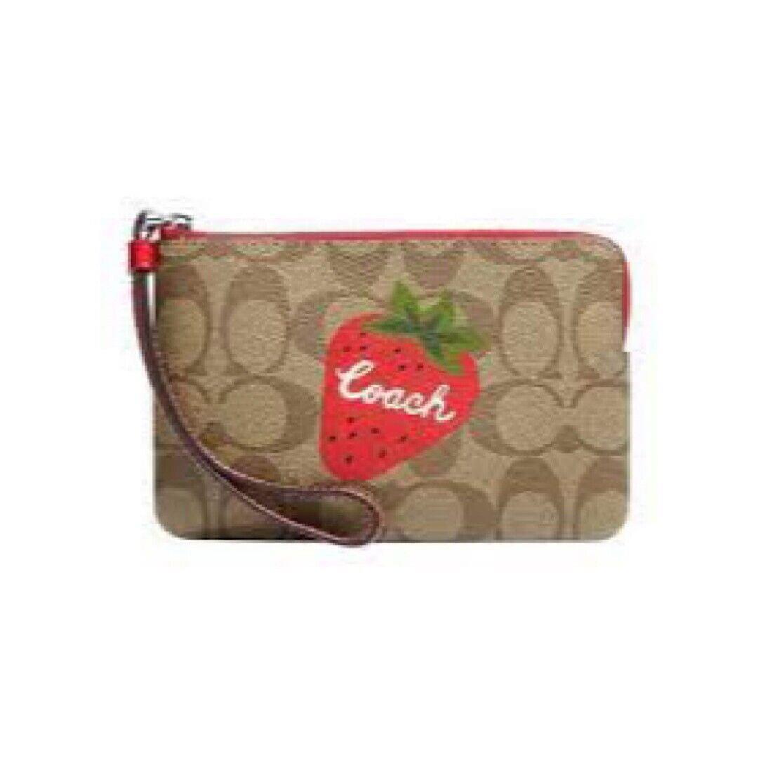 Coach Signature Corner Zip Wristlet Strawberry Print Khaki Style CH530 - Handle/Strap: , Exterior:
