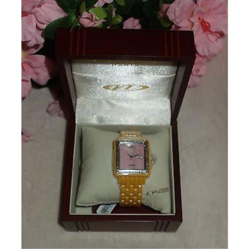 Oniss Paris Crystal Accented Hi Tech Yellow Ceramic Pink Dial Watch