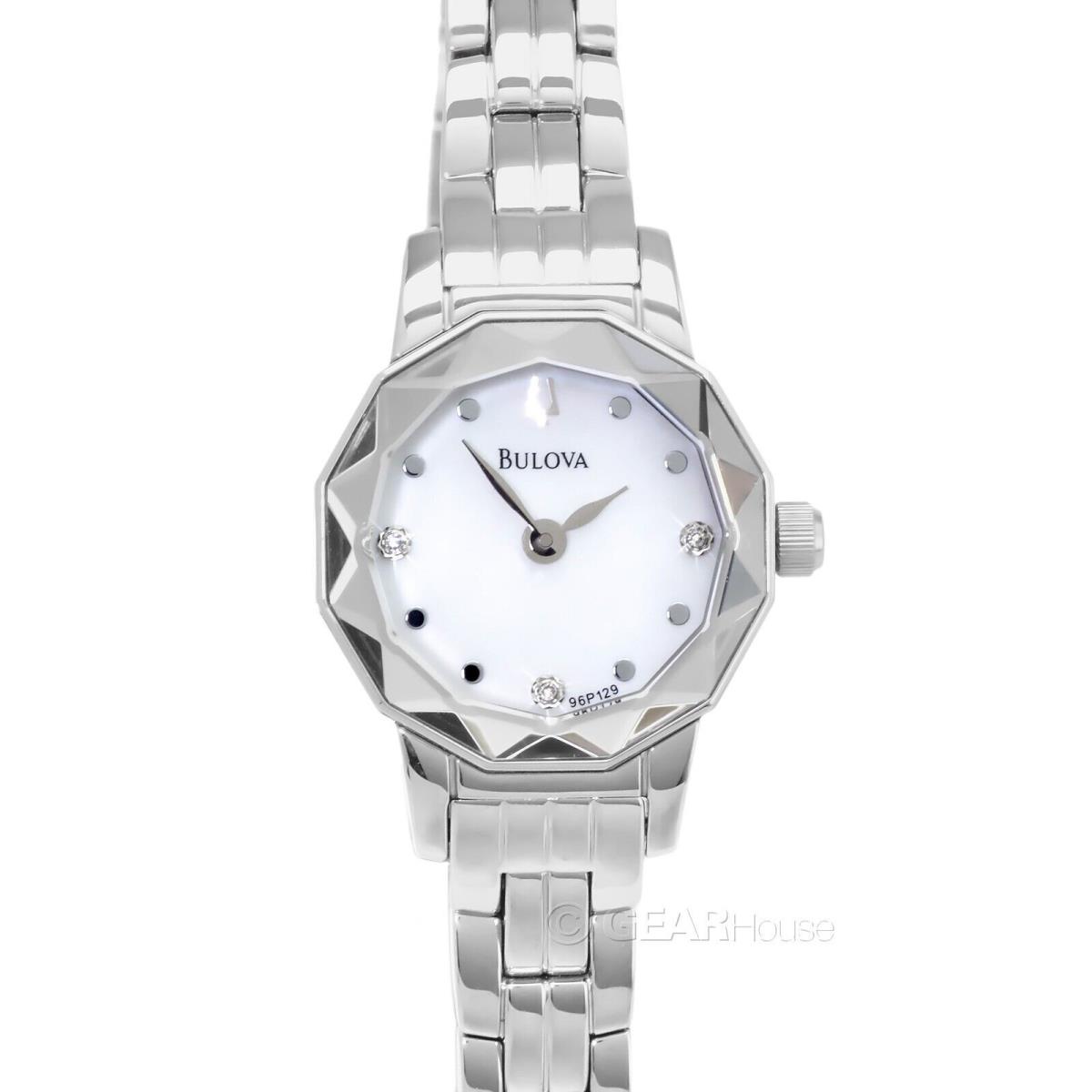 Bulova Womens Petite Faceted Watch w/ Diamonds Mop Dial Silver Stainless Steel