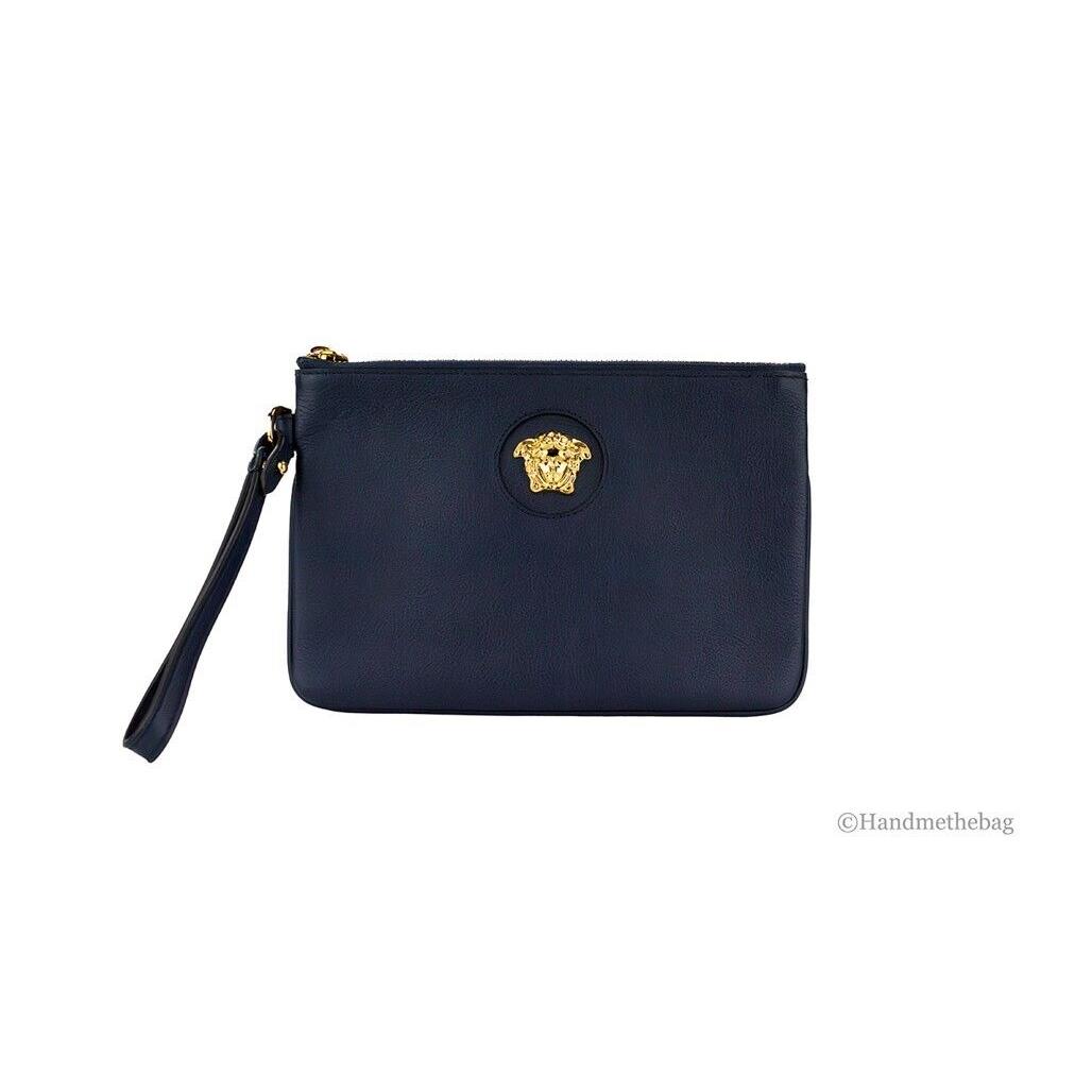 Versace Small Navy Pebbled Leather Wristlet Clutch Pouch Evening Bag