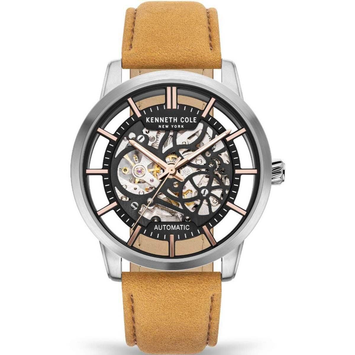 Kenneth Cole York Men`s Skeleton Automatic Watch - Brown Dial, Beige Band, Silver Bezel