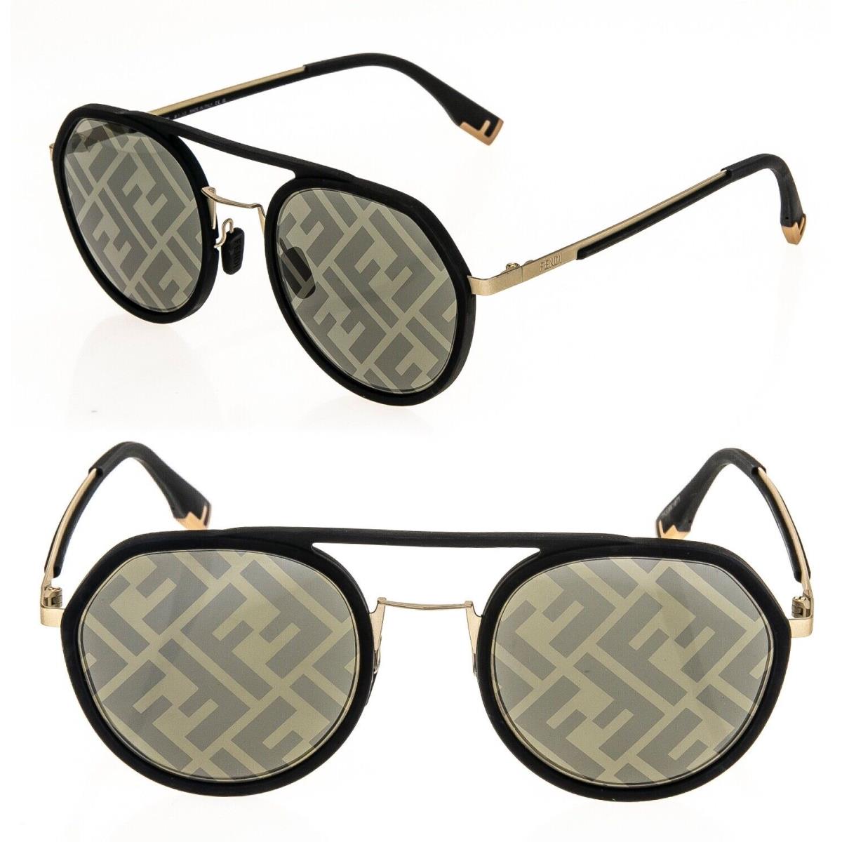 Fendi Light 40040 Black Gold FF Mirror Print Round Metal Sunglasses FE40040U