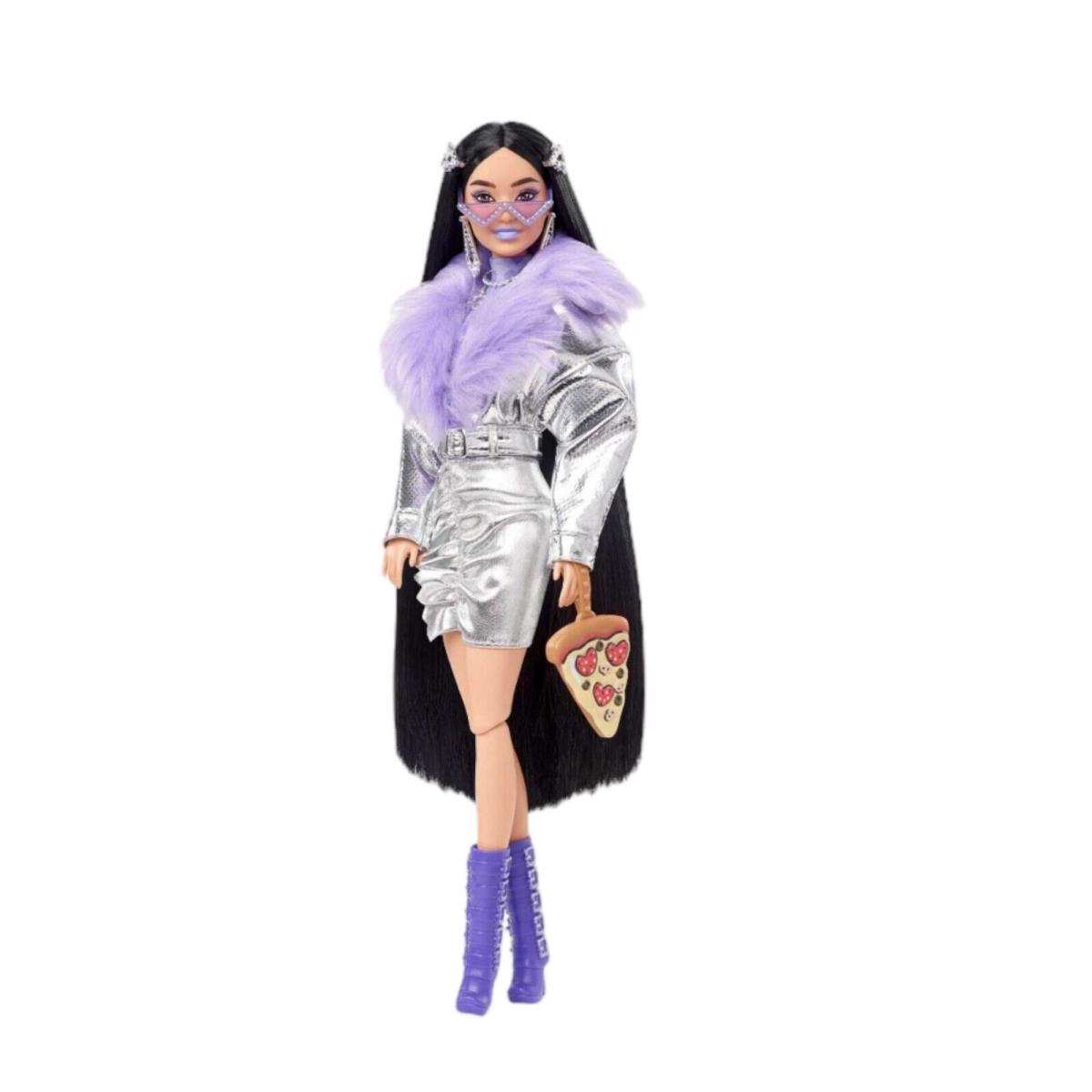 Barbie Extra Doll and Accessories with Black Hair Metallic Silver Jacket Puppy