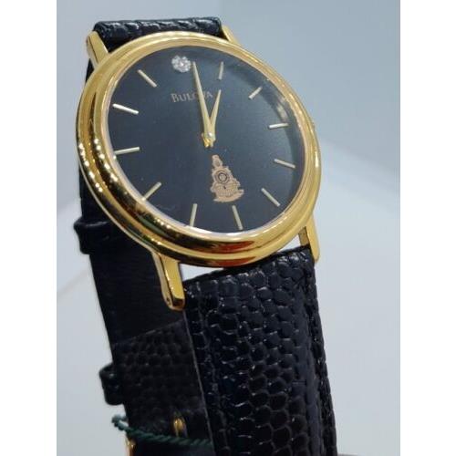 Men Bulova Diamond Watch 97f02 Slim Gold Round Case Black Leather Band