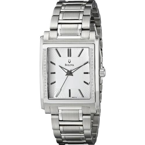 Bulova 96E113 Diamond Bezel Silver Tone Stainless Steel Men`s Watch - Dial: White, Band: Silver, Bezel: Silver