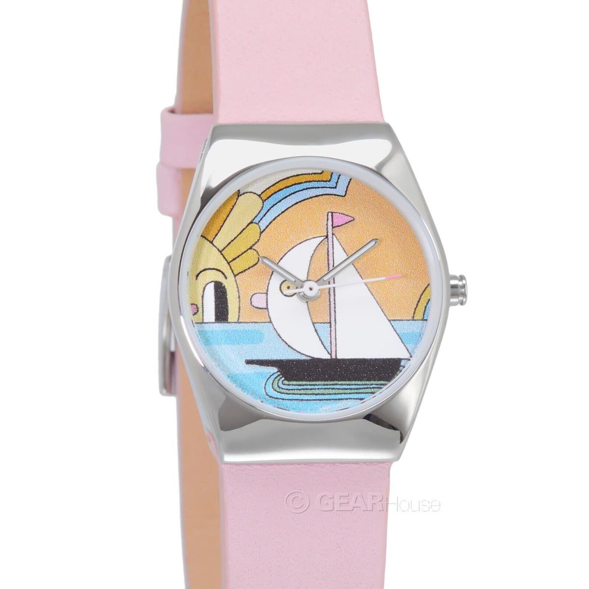 Skagen x Jeremyville Womens Grenen Lille Watch Sailboat Ocean Dial Pink Leather