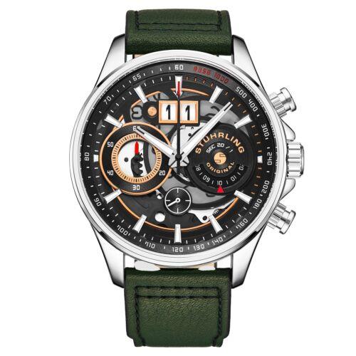 Stuhrling 4010 2 Ace Aviator Quartz Chronograph Date Green Leather Mens Watch - Dial: Black, Band: Green, Bezel: Silver