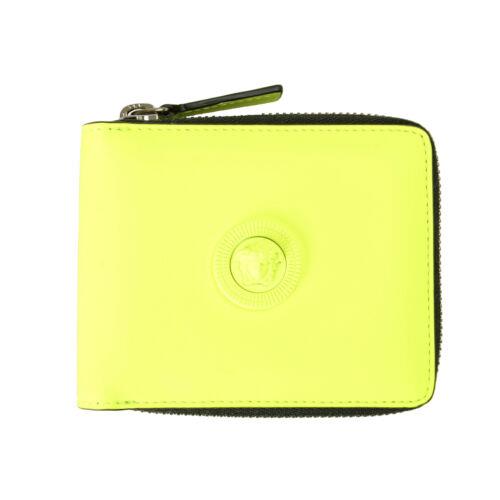 Versace Men`s Neon Yellow Leather Medusa Zip Around Bifold Wallet