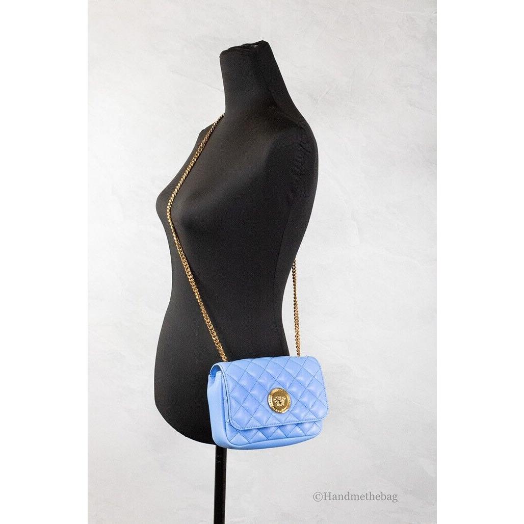 Versace Small Quilted DV Blue Smooth Leather Chain Shoulder Crossbody Handbag