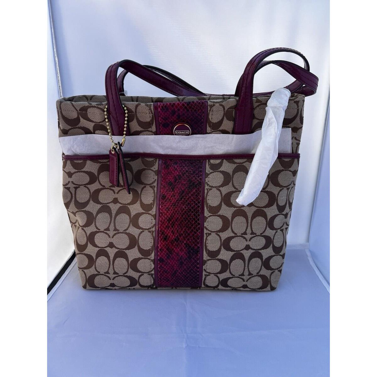 Coach F25706 Raspberry Snakeskin Tan Brown Signature Logo Tote Bag