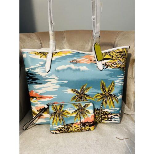 Coach Cj599 City Beach Tote Bag Hawaiian City Tote Handbag Wristlet Set Blue