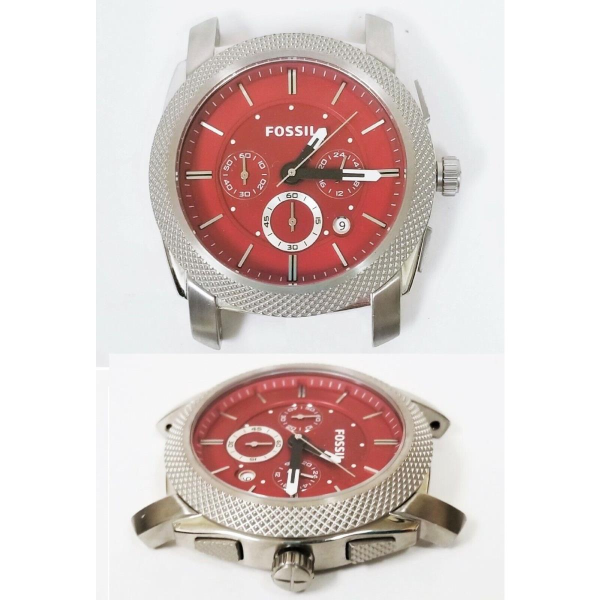 Fossil Machine Silver Tone Dark Red Chronograph Dial Watch Case C241007