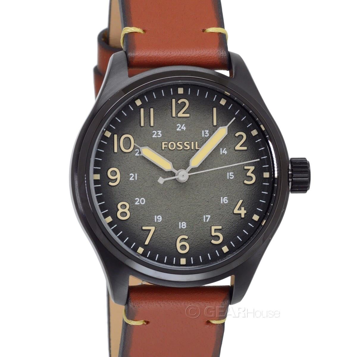 Fossil Easton Mens Casual Watch Olive Green Dial Brown Leather Band