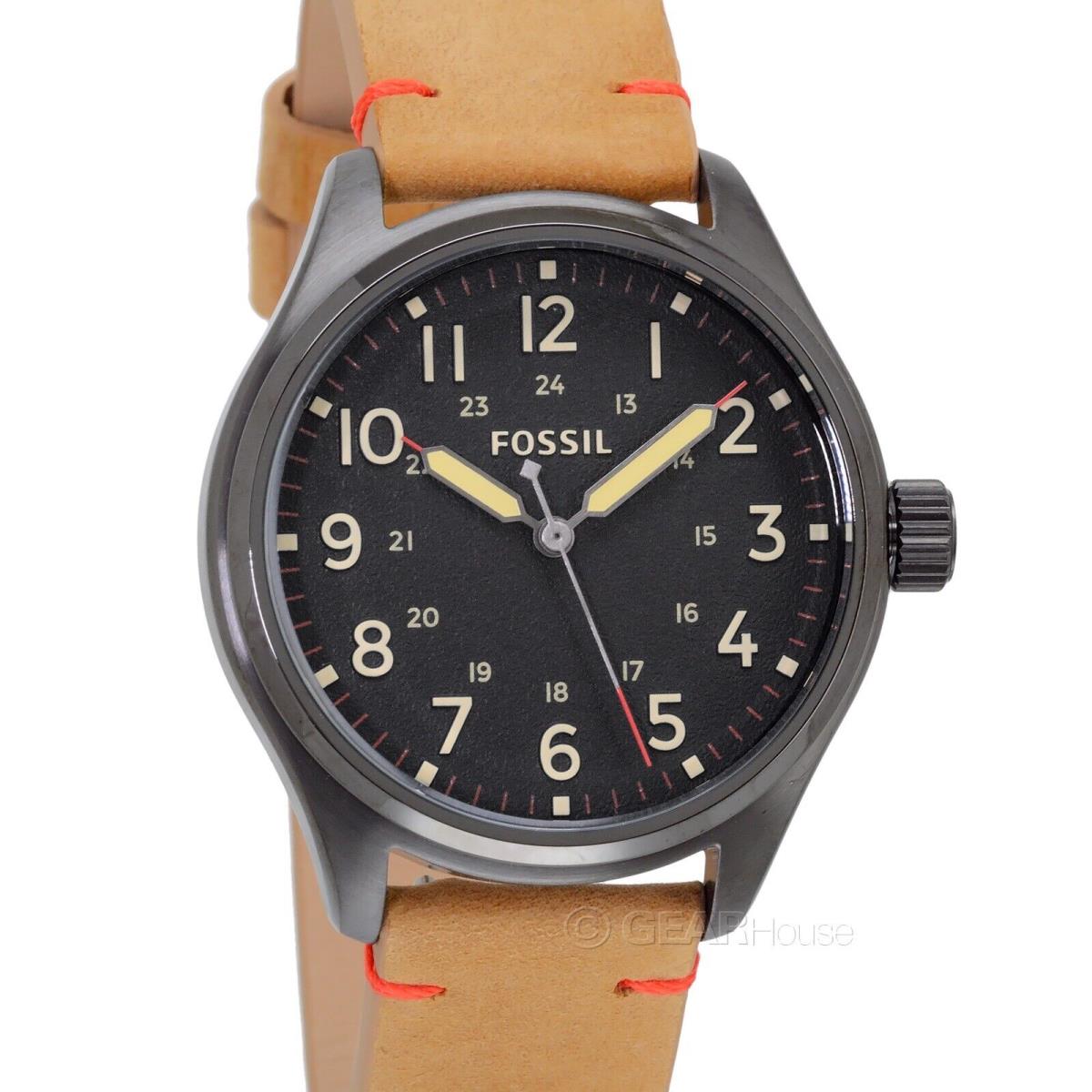 Fossil Easton Mens Gray Casual Watch Black Dial Tan Beige Leather Strap