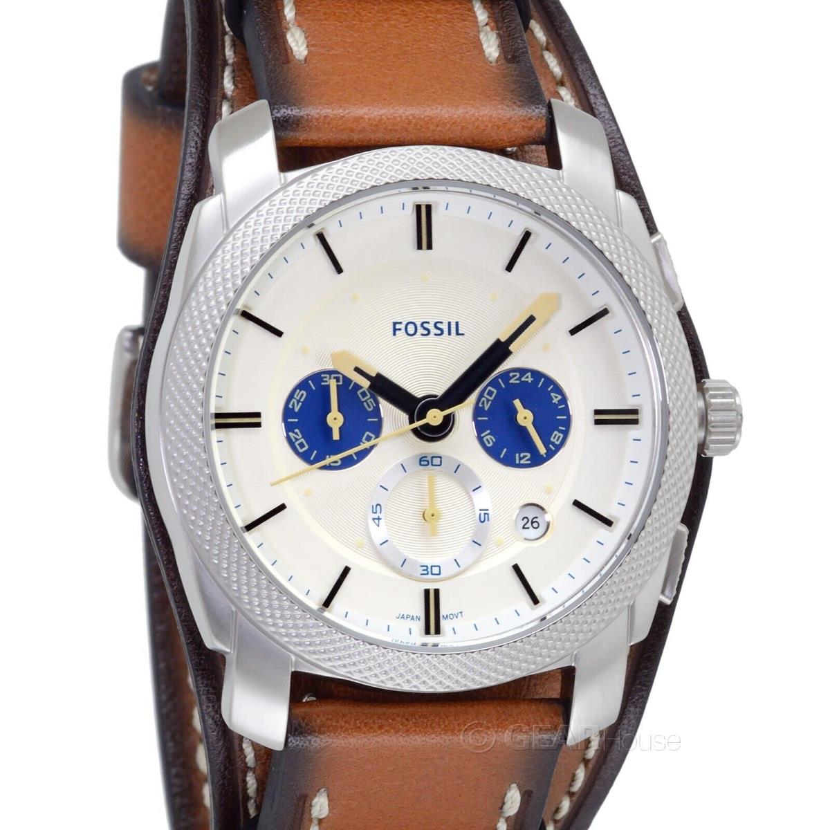 Fossil Machine Mens Chronograph Watch White Dial Brown Leather Bund Strap - Dial: White, Band: Brown, Bezel: Silver