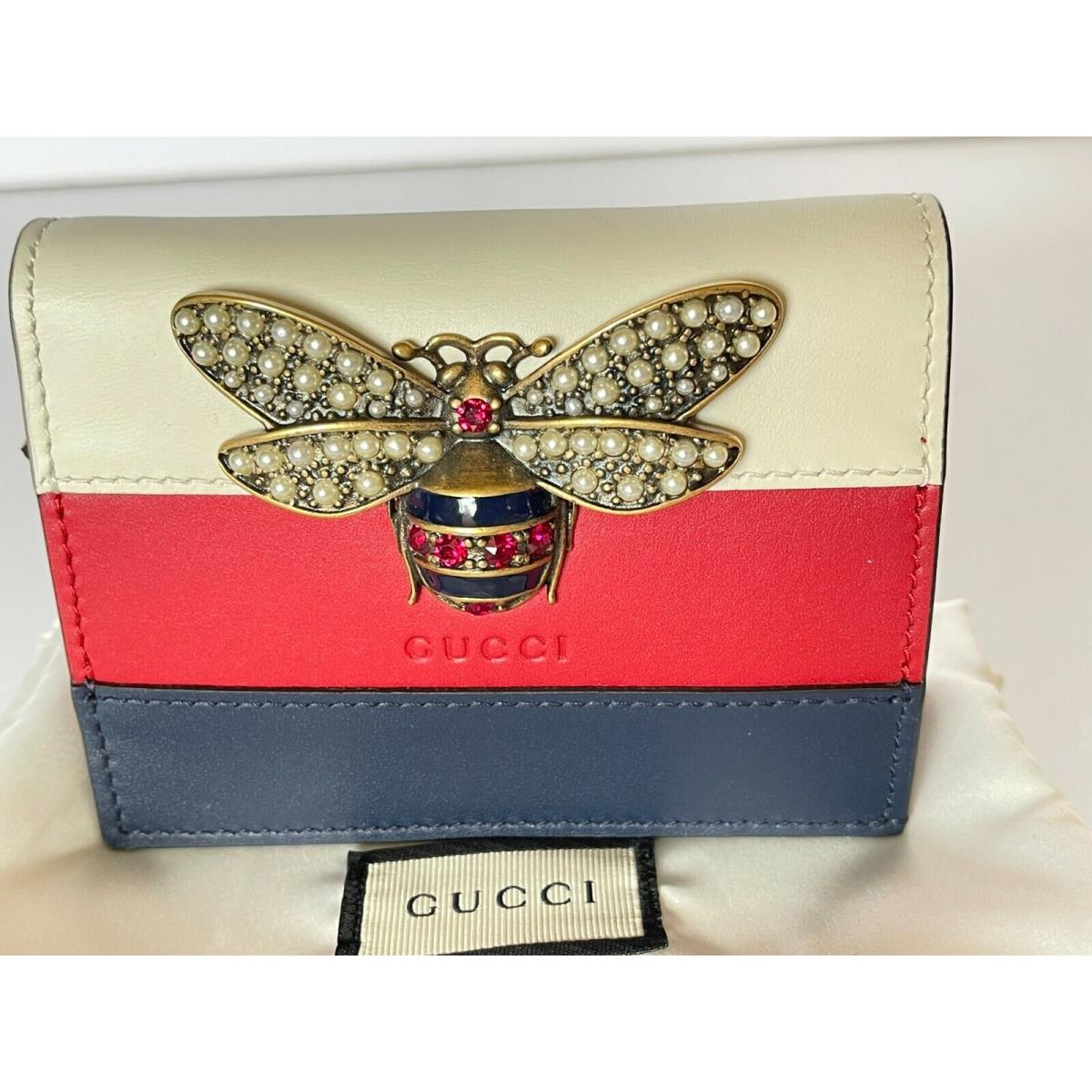 Gucci Queen Bee Leather Small Wallet Card Case Coin Holder W/box