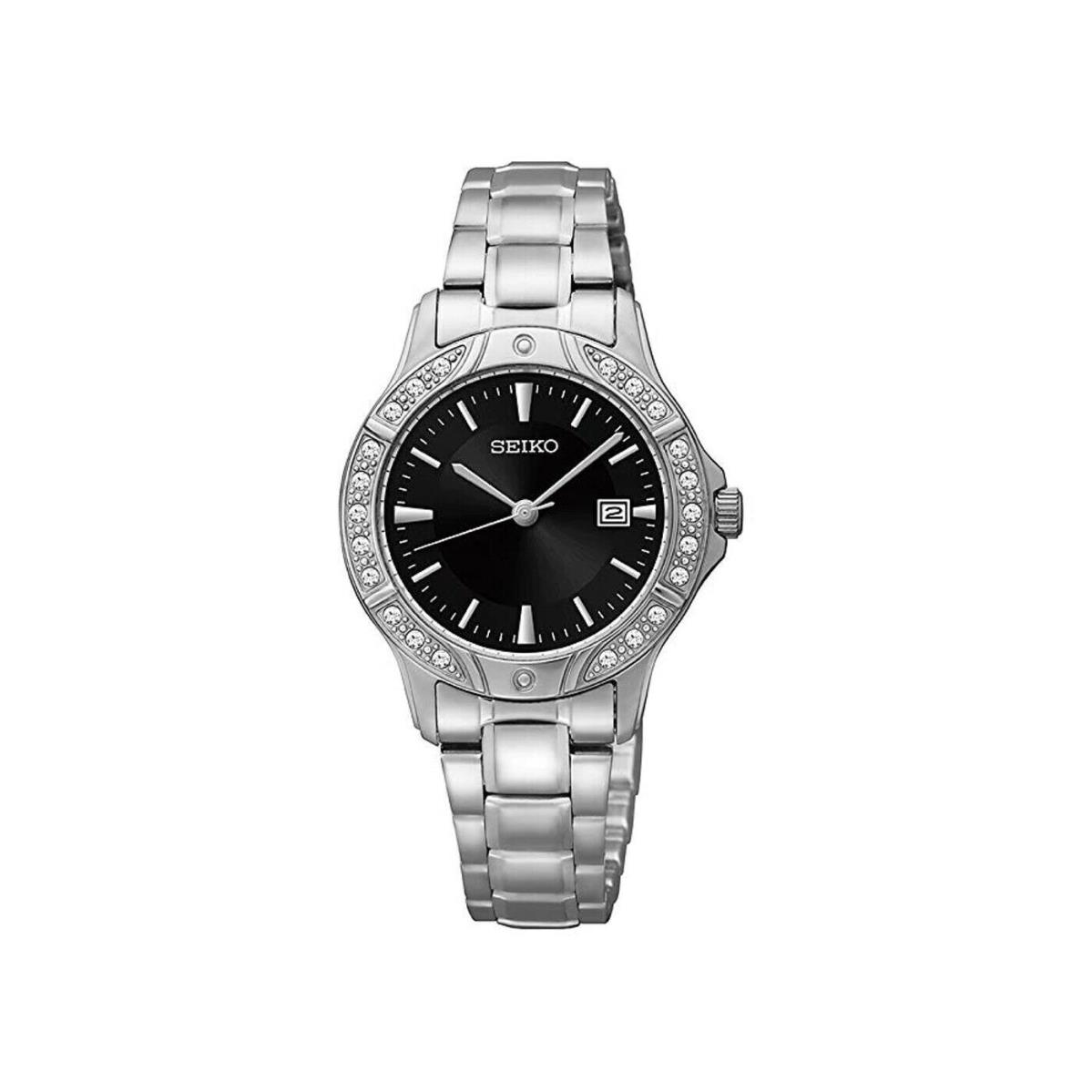 Seiko SUR877 Women`s Crystal Accent Black Dial Stainless Steel Quartz Watch