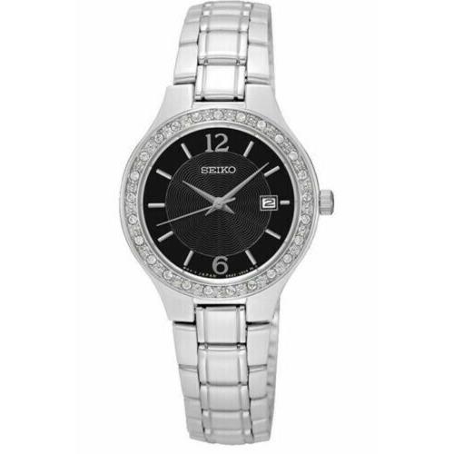 Seiko SUR785 Women`s Silver Black Dial Swarovski Crystals Bezel Dress Watch