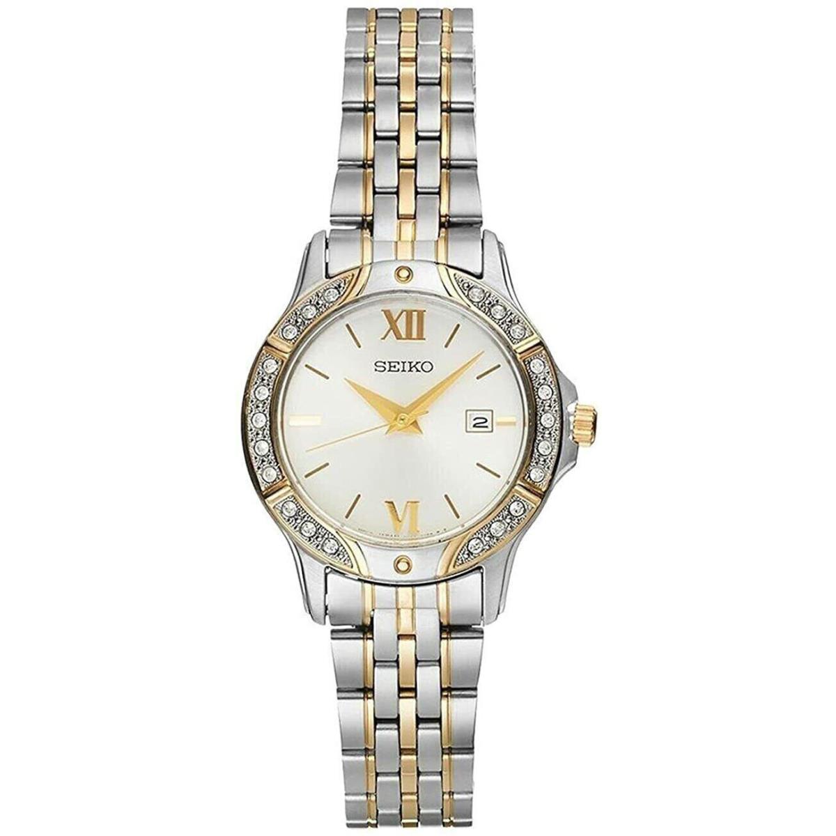 Seiko SUR864 Gold Silver Tone Stainless Steel Swarovski Crystal Dress Watch