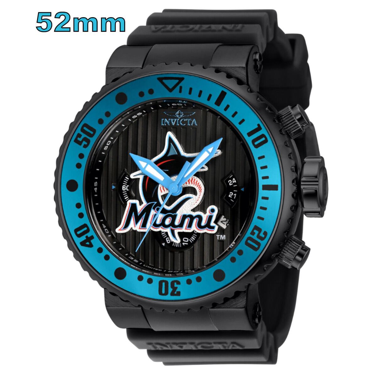 Invicta Mlb Miami Marlins Men`s Watch 52mm Black 42363 10ATM WR Mineral Glass - Black, Dial: Blue / Black