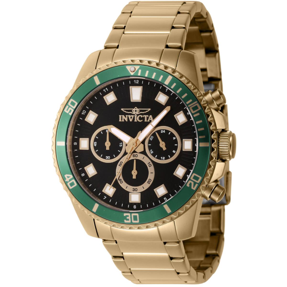 Invicta Men`s Watch Pro Diver Quartz Green Bezel Yellow Gold Bracelet 46055