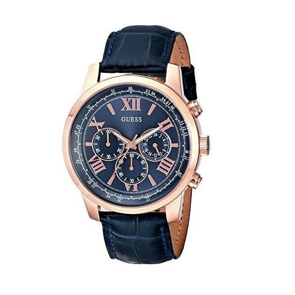 Guess Iconic U0380G5 Rose Gold Blue Leather Band Chrono Roman Numerals 44MM