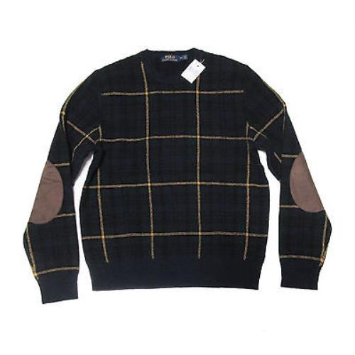 Polo Ralph Lauren Lambs Wool Leather Patch Black Watch Tartan Slim Sweater 2XL