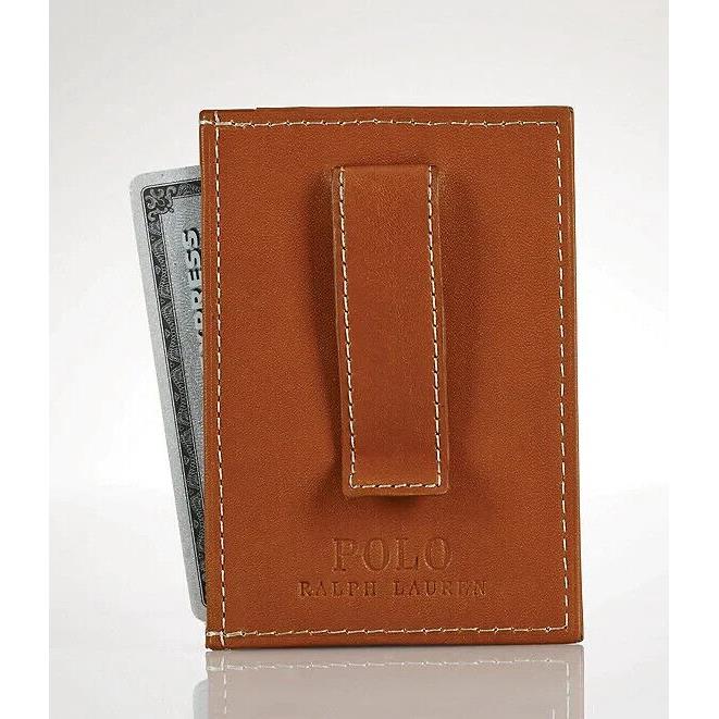 Polo Ralph Lauren Leather Money Clip Card Case Wallet Brown -nwt