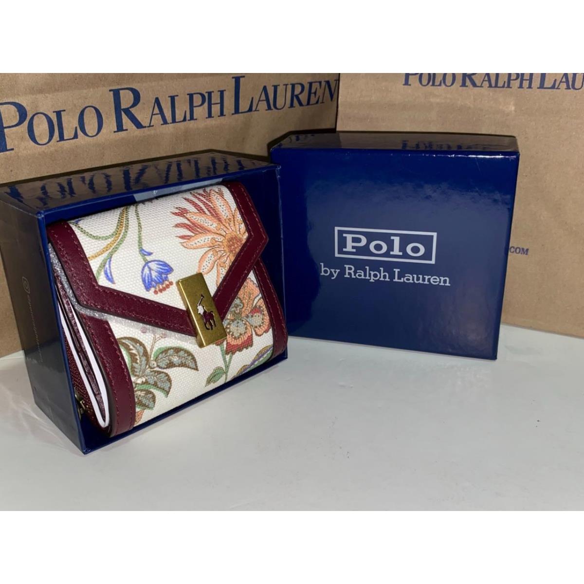 Polo Ralph Lauren Women`s White Floral Leather Trim ID Card Case Compact Wallet