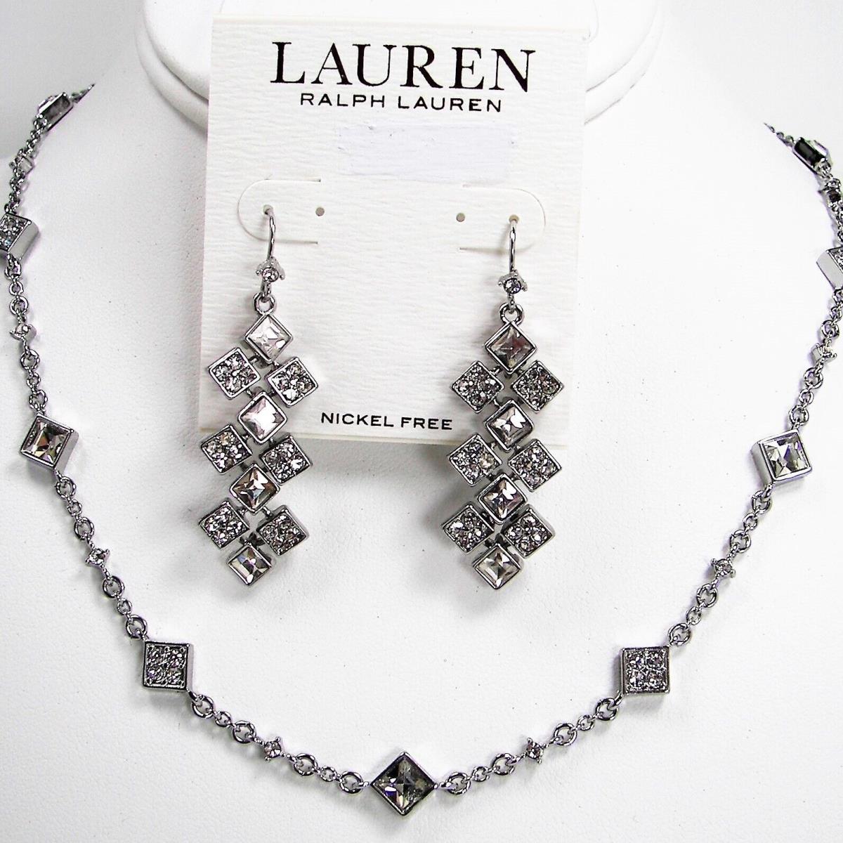 Ralph Lauren Square Crystal Necklace Earrings Set Silver Tone Sparkle Party