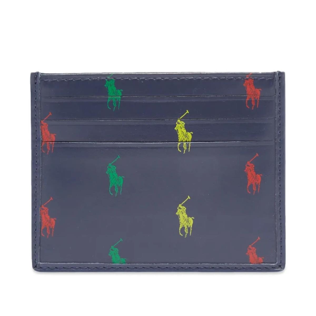Polo Ralph Lauren Mens Card Case Leather Pony Print Wallet Navy 405845397001-NWT