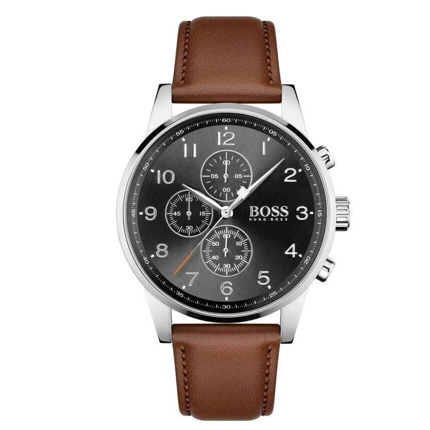 Hugo Boss Mens View Chronograph Black Dial Brown Leather Date Watch 513987