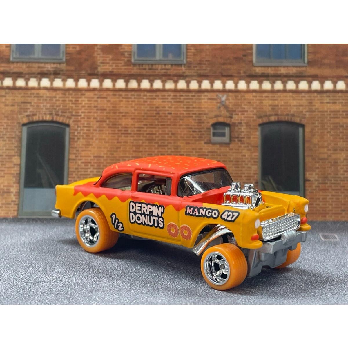 Custom Hot Wheels `55 Chevy Gasser- Derpin Donuts Mango w Real Riders