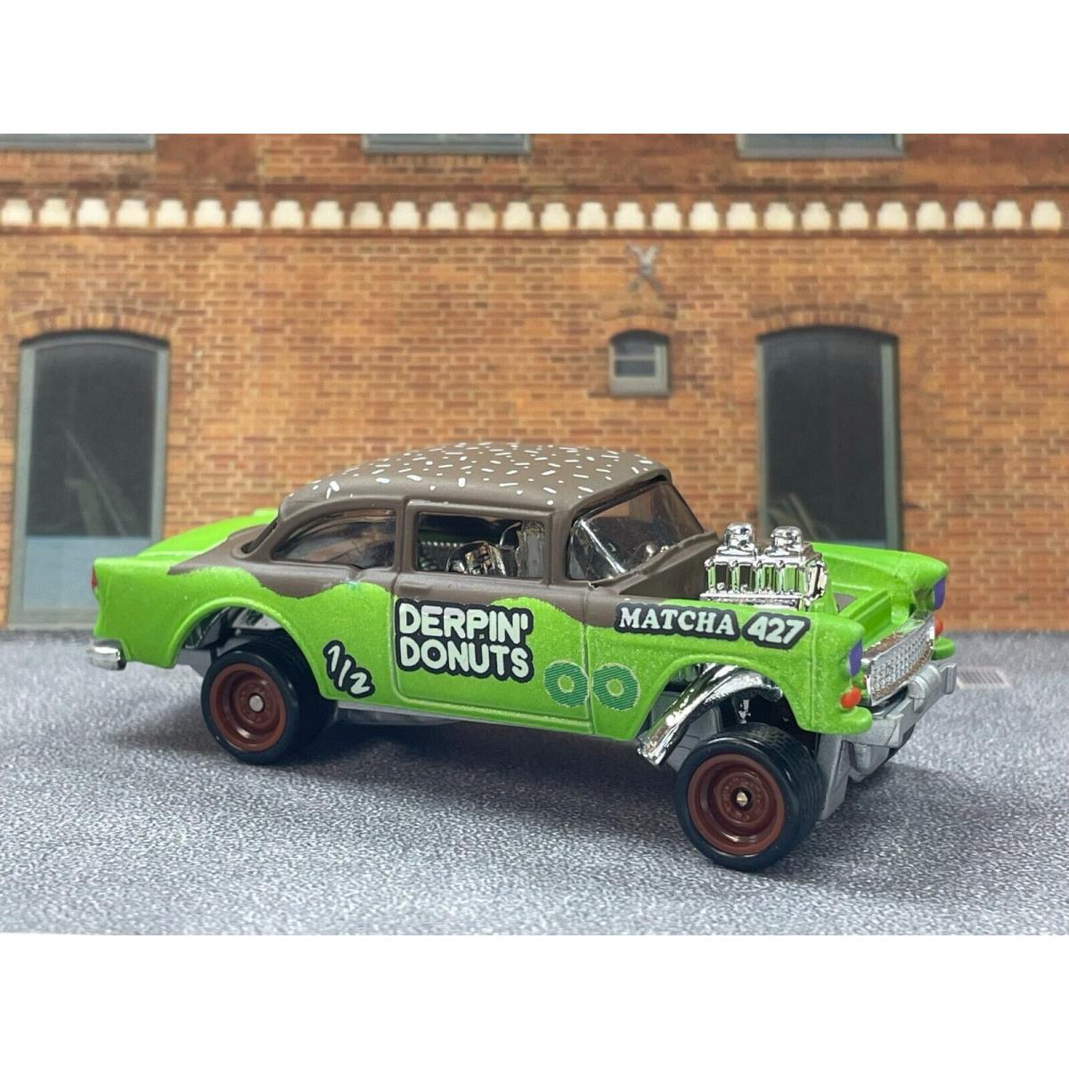 Custom Hot Wheels `55 Chevy Gasser- Derpin Donuts Matcha w Real Riders